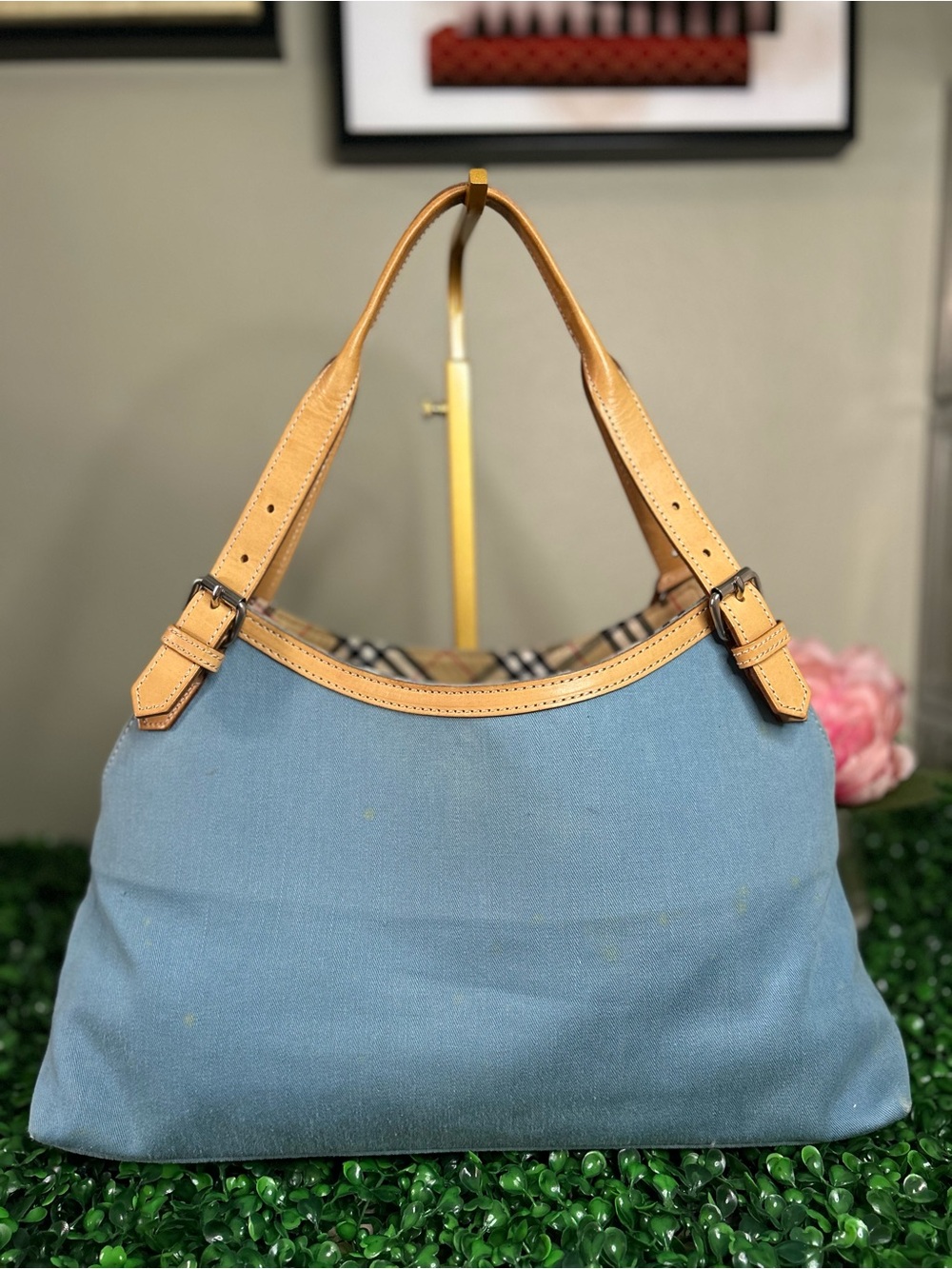 Burberry Blue Label Sky Blue Canvas Shoulder Tote Bag Nova Check Lining - Picture 2 of 13